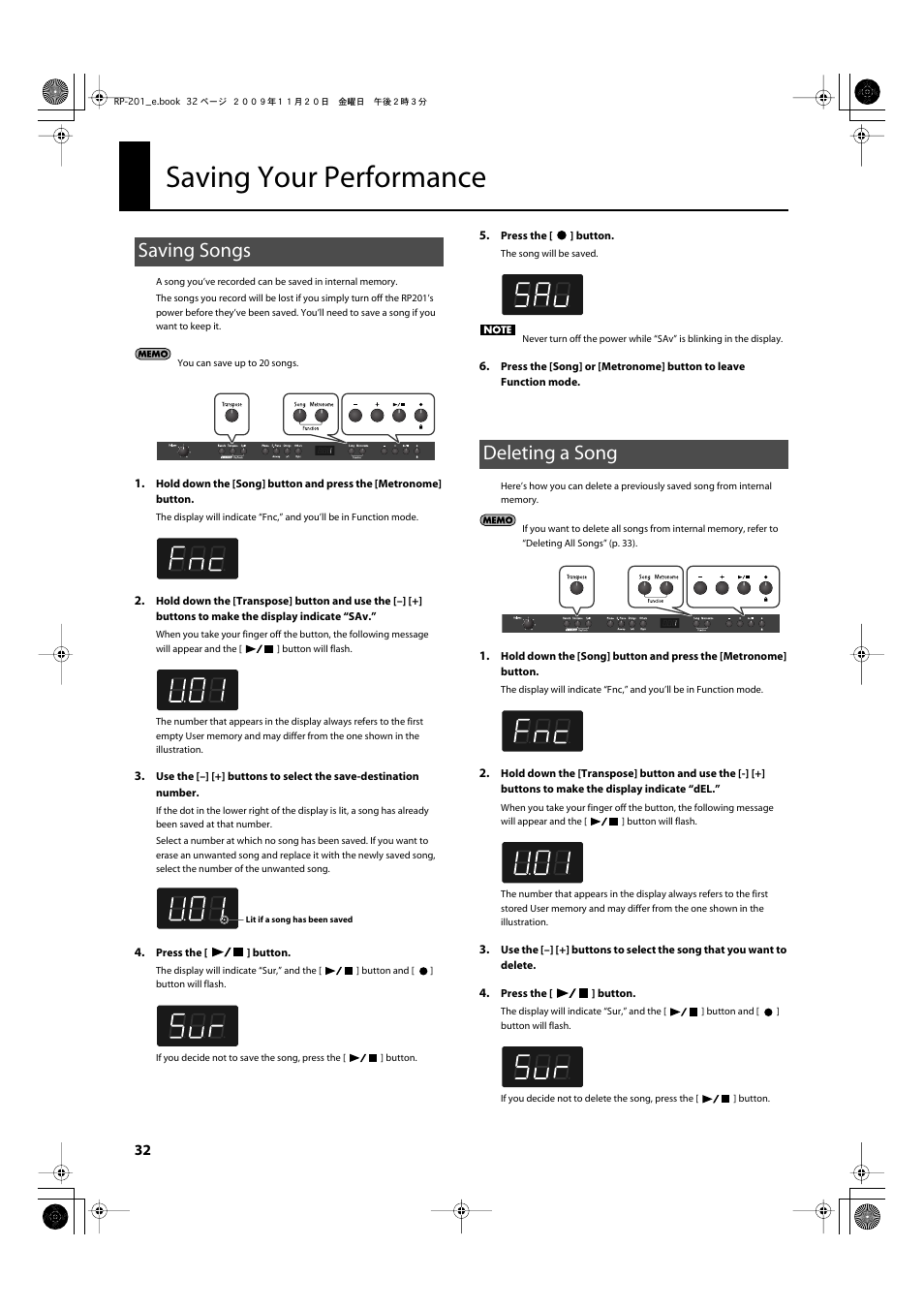 Saving your performance, Saving songs, Deleting a song | And save your song to internal memory (p. 32) | Roland RP201 User Manual | Page 30 / 60