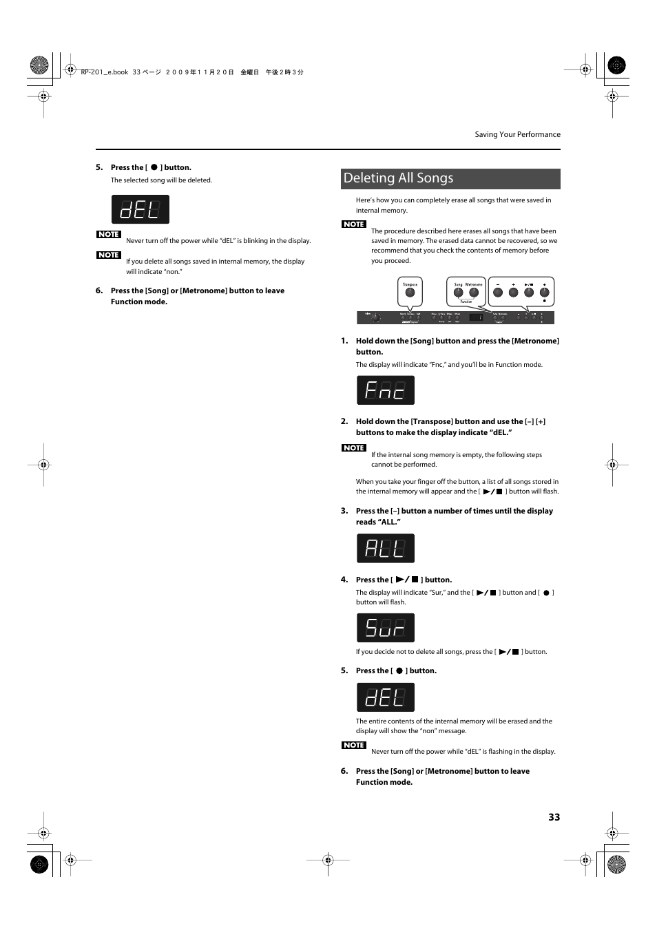 Deleting all songs | Roland RP201 User Manual | Page 31 / 60