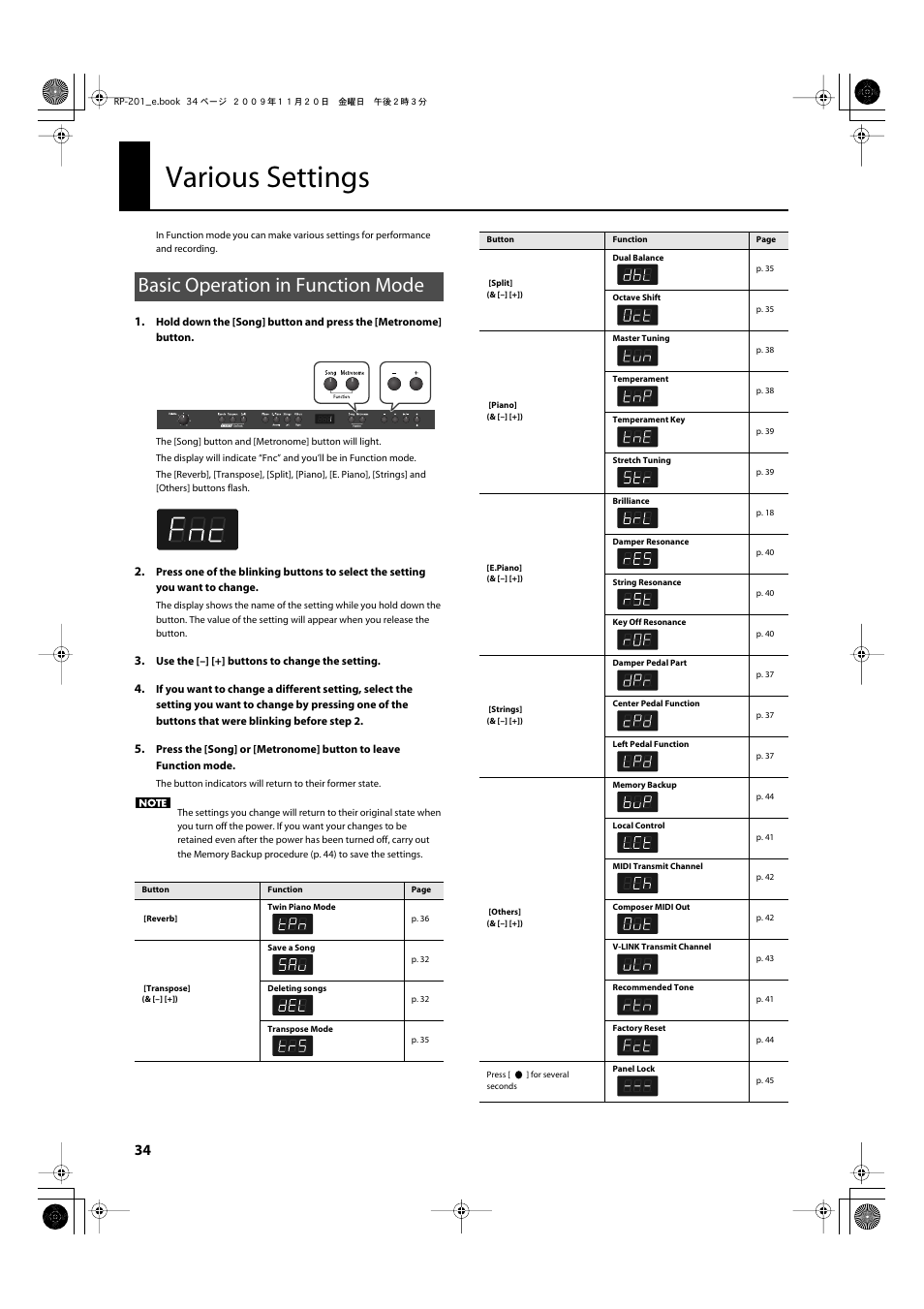 Various settings, Basic operation in function mode, Press the [metronome] button (p. 34) | Roland RP201 User Manual | Page 32 / 60