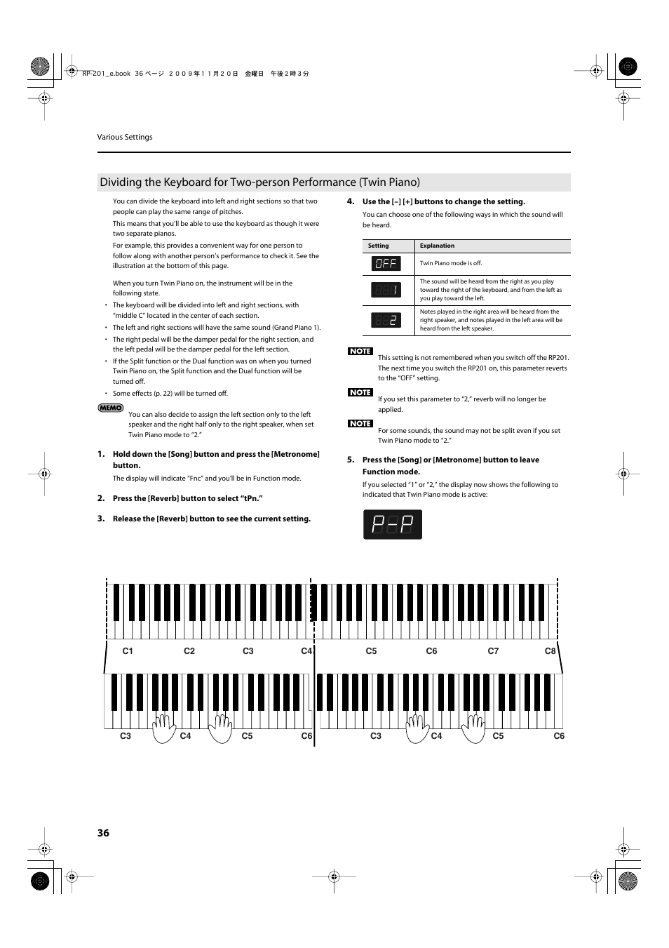 Or twin piano (p. 36), P. 36 | Roland RP201 User Manual | Page 34 / 60