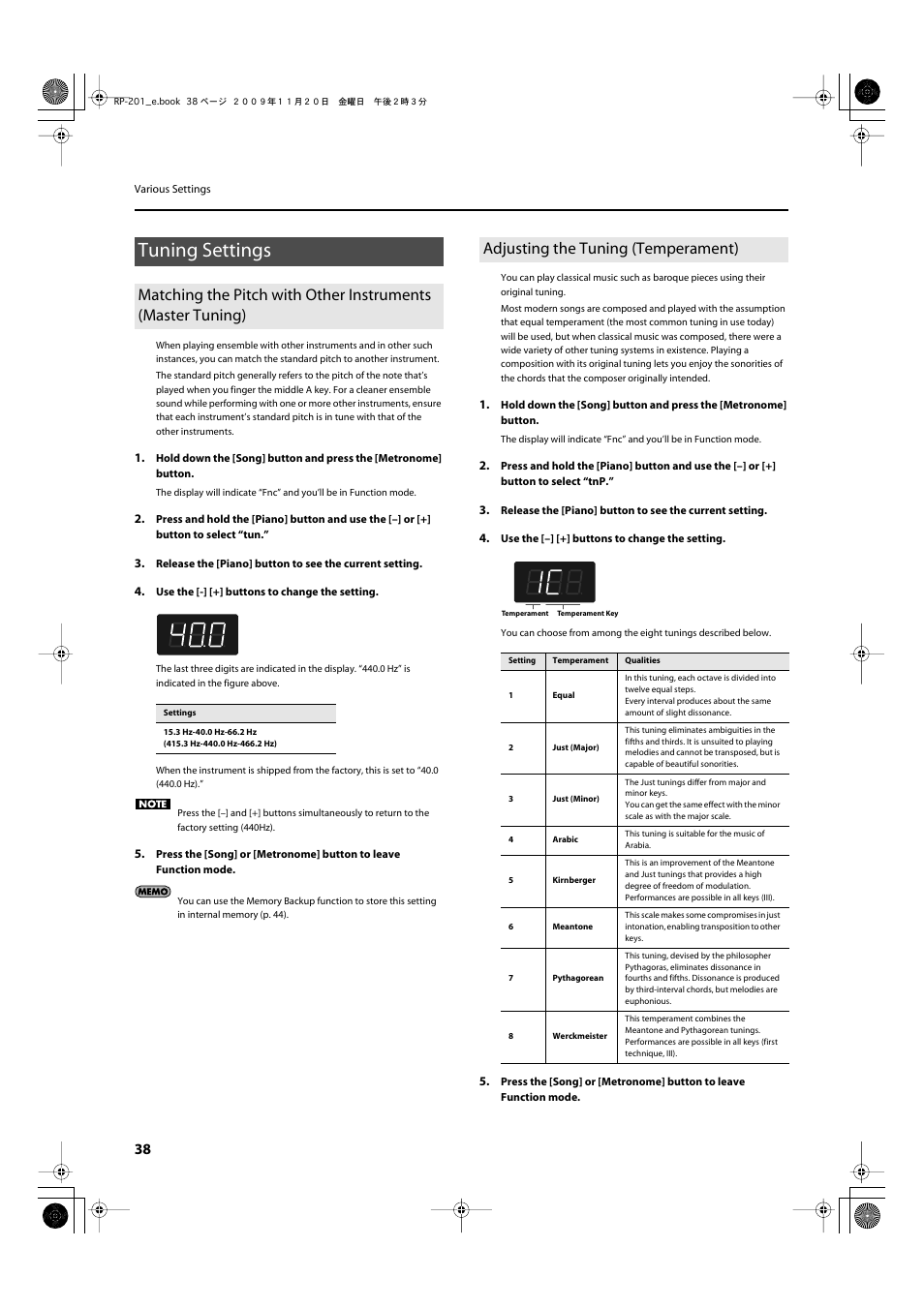 Tuning settings, Adjusting the tuning (temperament), P. 38 | Roland RP201 User Manual | Page 36 / 60