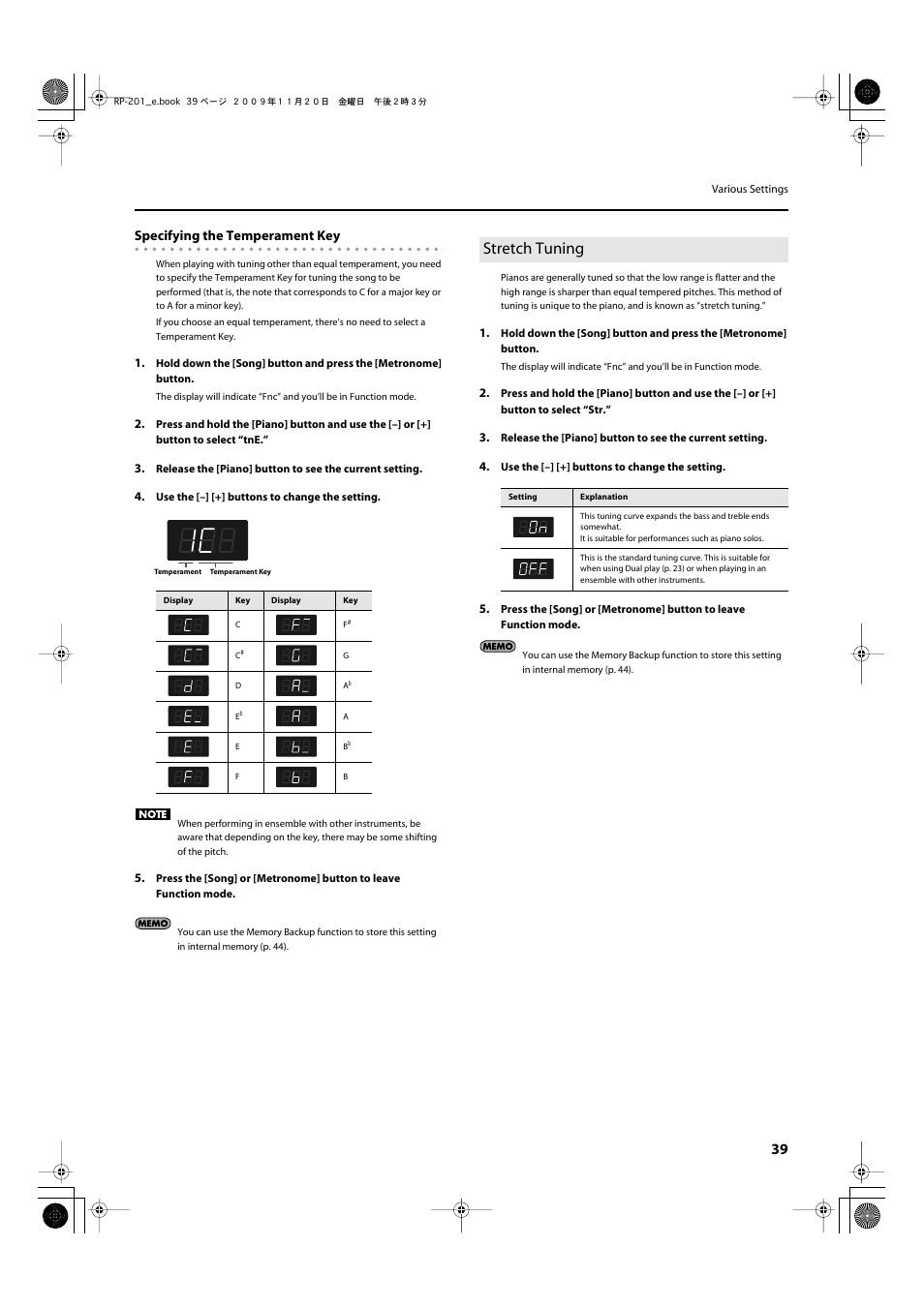Stretch tuning, P. 39, Specifying the temperament key | Roland RP201 User Manual | Page 37 / 60