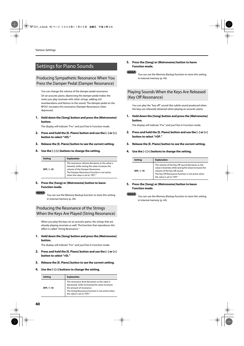 Settings for piano sounds, The damper pedal (damper resonance)” (p. 40), P. 40 | Roland RP201 User Manual | Page 38 / 60
