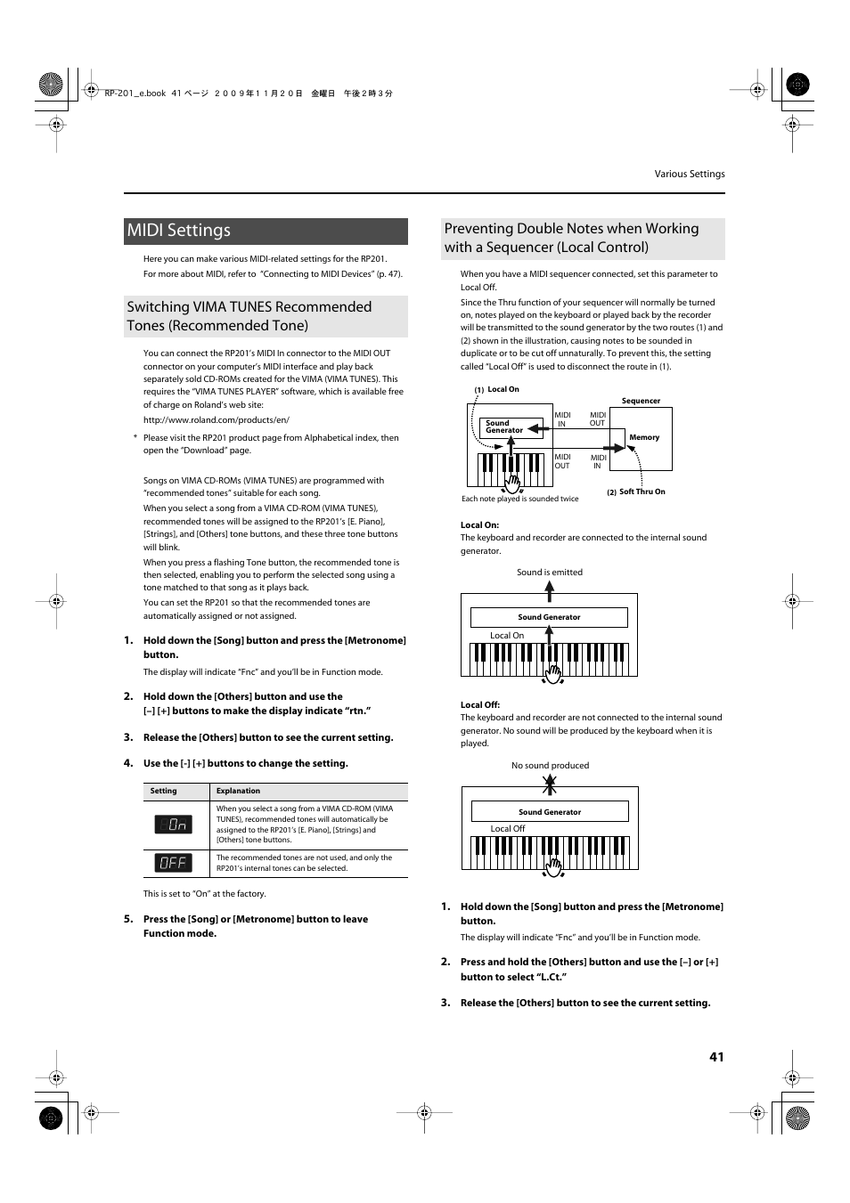 Midi settings, P. 41 | Roland RP201 User Manual | Page 39 / 60