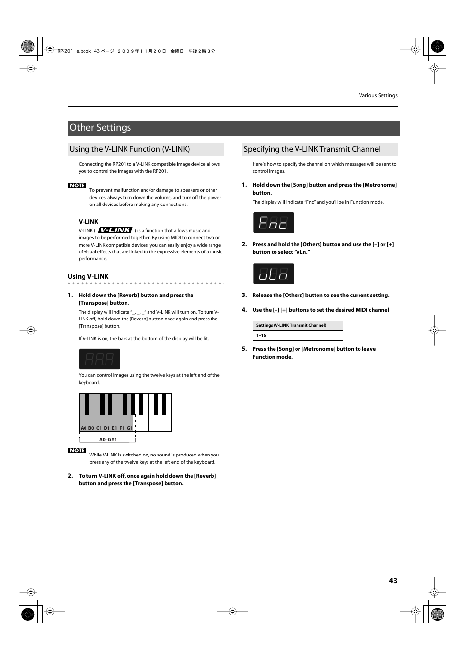 Other settings, Using the v-link function (v-link), Specifying the v-link transmit channel | P. 43 | Roland RP201 User Manual | Page 41 / 60