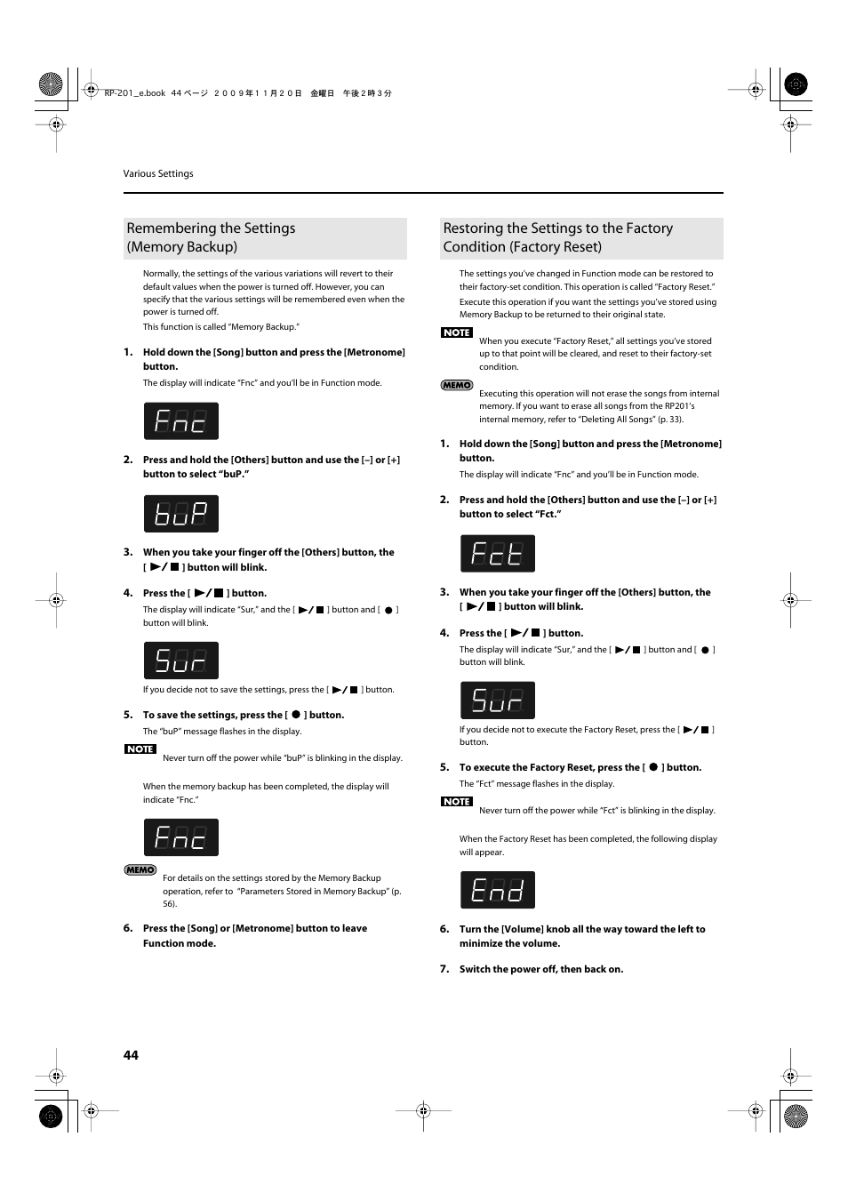 Remembering the settings (memory backup), In internal memory (p. 44), P. 44 | Roland RP201 User Manual | Page 42 / 60