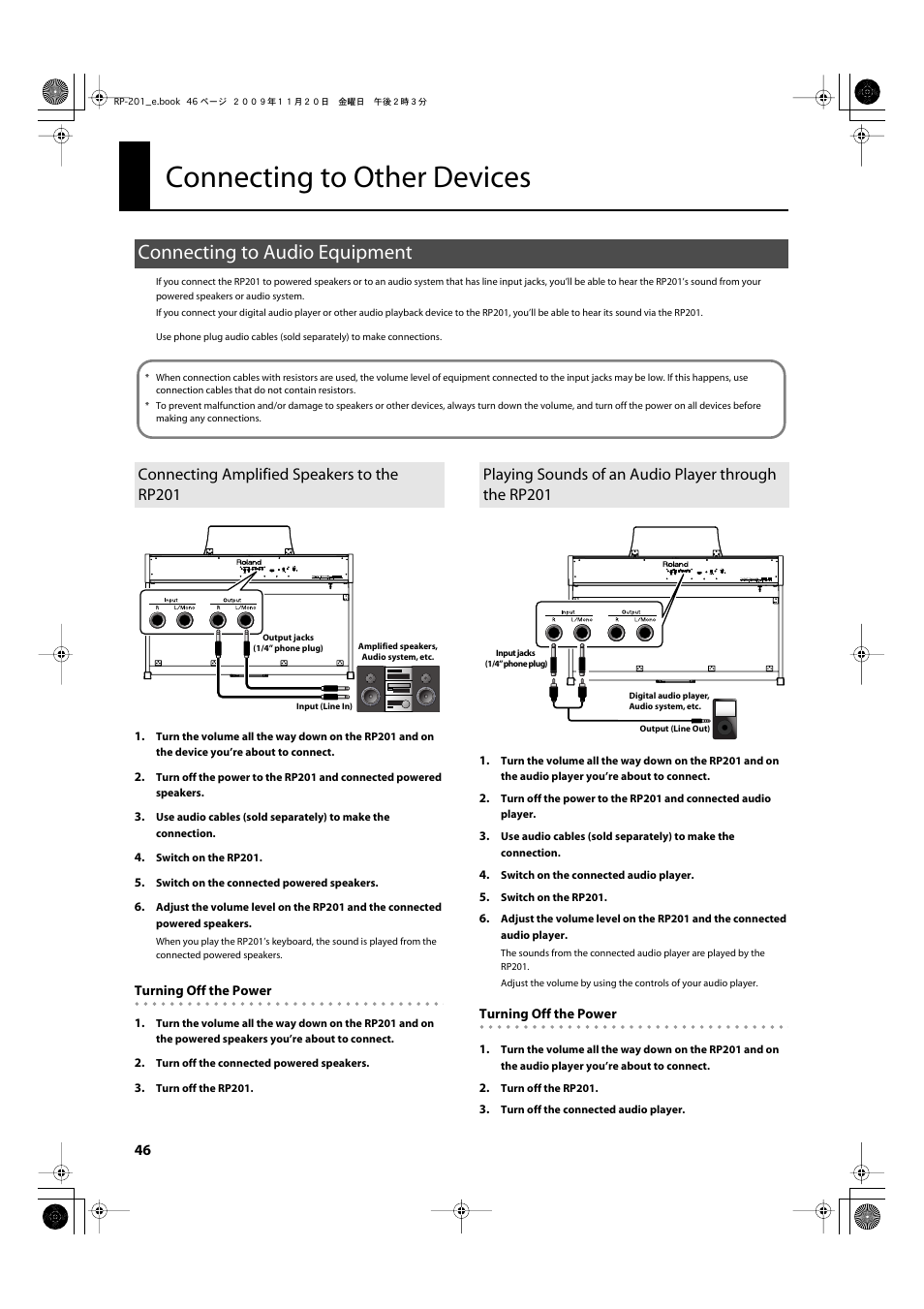 Connecting to other devices, Connecting to audio equipment, Connecting amplified speakers to the rp201 | Speakers (p. 46), The rp201’s sound (p. 46) | Roland RP201 User Manual | Page 44 / 60