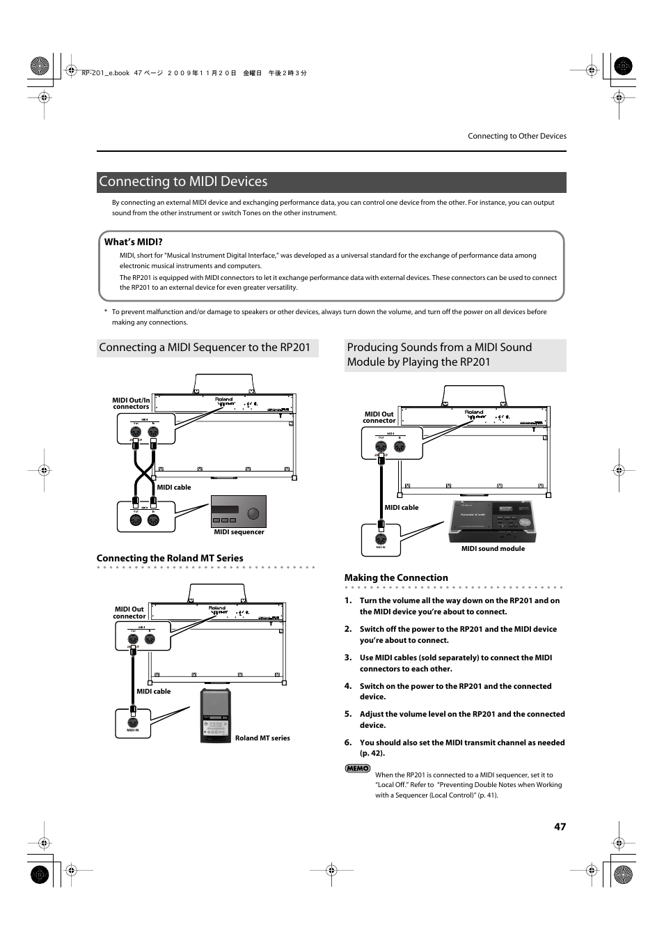 Connecting to midi devices, Connecting a midi sequencer to the rp201, Performance data (p. 47) | Roland RP201 User Manual | Page 45 / 60