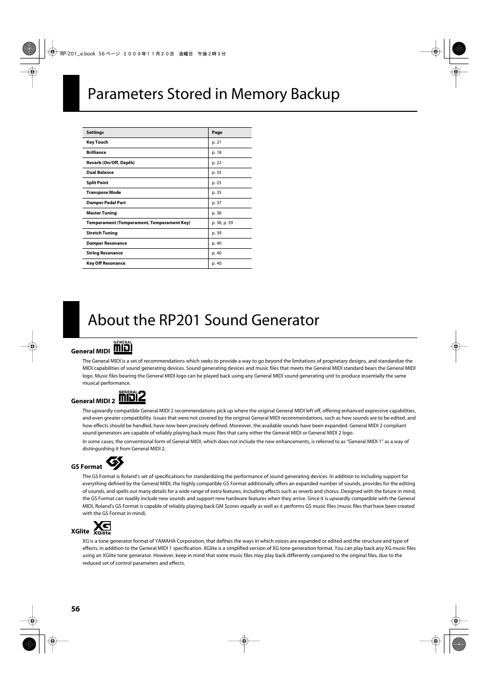 Parameters stored in memory backup, About the rp201 sound generator | Roland RP201 User Manual | Page 54 / 60