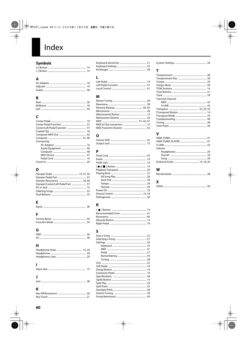 Index | Roland RP201 User Manual | Page 58 / 60