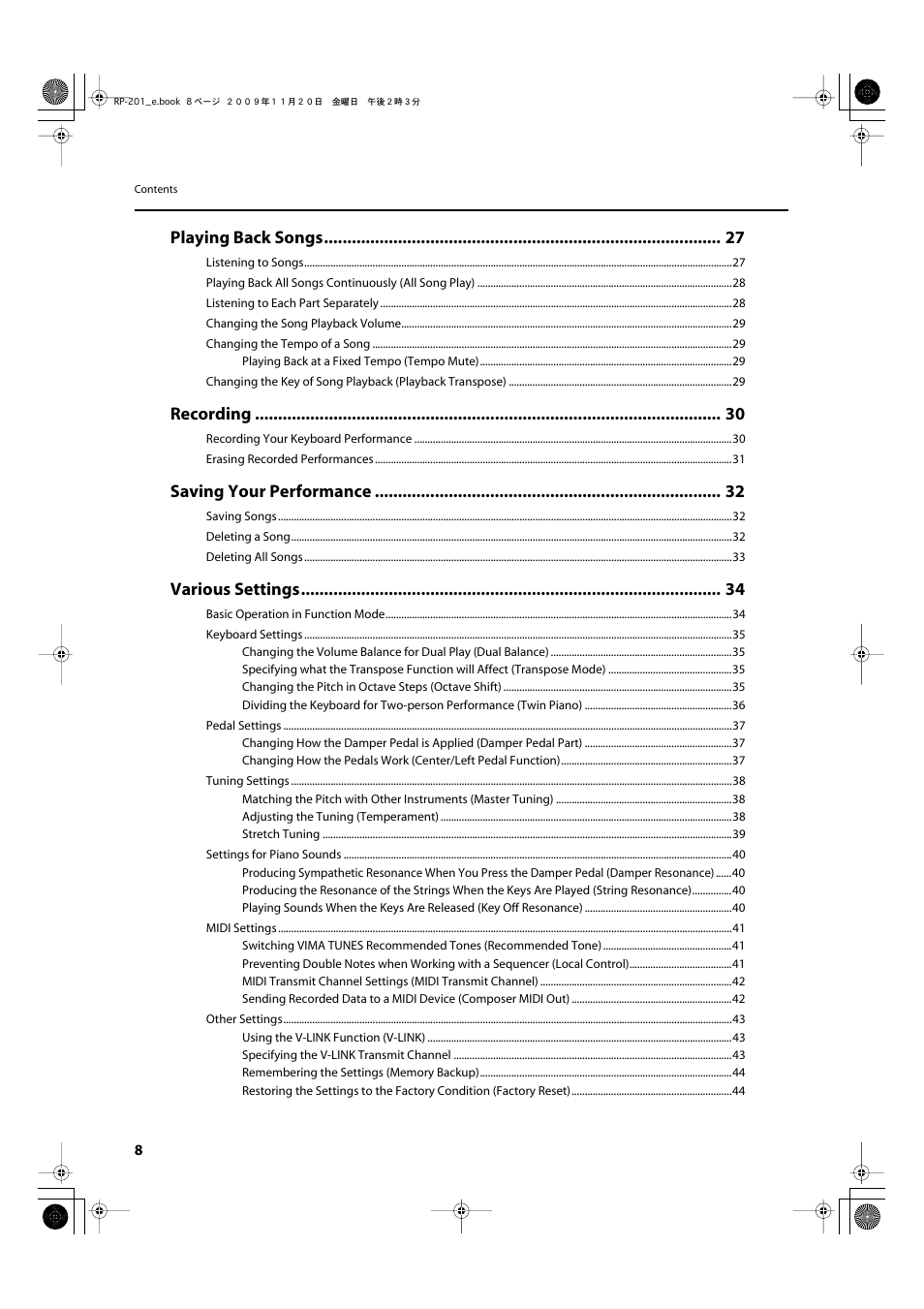 Playing back songs, Recording, Saving your performance | Various settings | Roland RP201 User Manual | Page 6 / 60