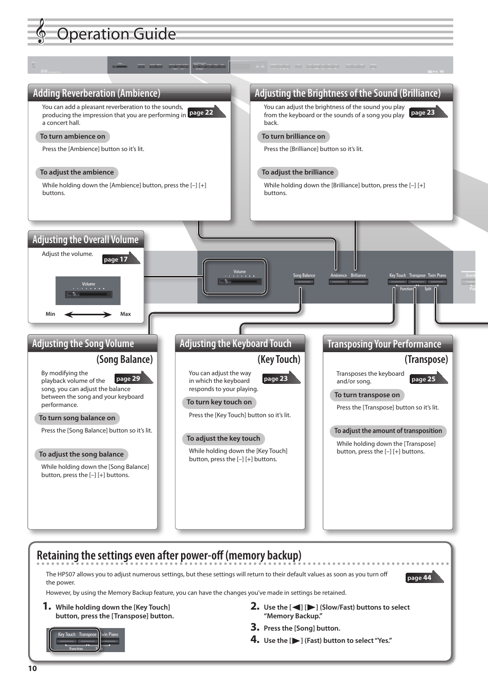 Operation guide, Adjusting the brightness of the sound (brilliance), Adding reverberation (ambience) | Adjusting the overall volume, Transposing your performance (transpose), Adjusting the keyboard touch (key touch), Adjusting the song volume (song balance) | Roland Digital Piano HP507 User Manual | Page 10 / 68