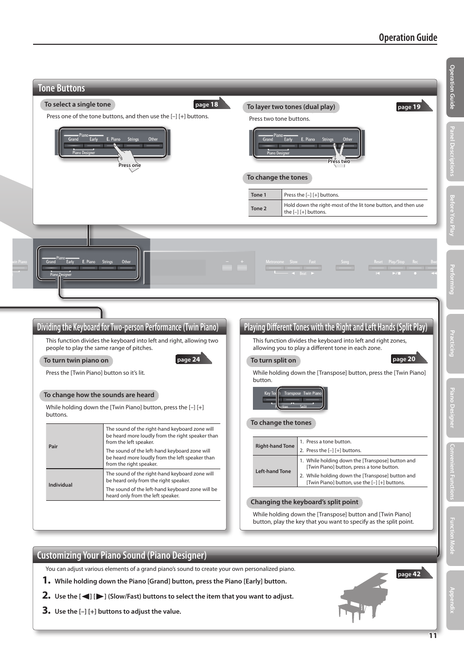 Tone buttons, Customizing your piano sound (piano designer) | Roland Digital Piano HP507 User Manual | Page 11 / 68