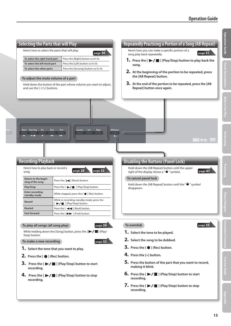 Operation guide disabling the buttons (panel lock), Recording/playback, Selecting the parts that will play | Roland Digital Piano HP507 User Manual | Page 13 / 68
