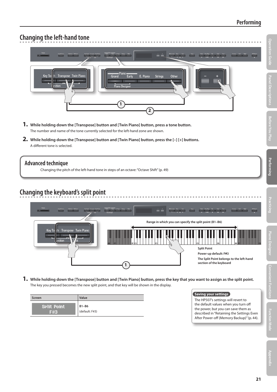 Changing the left-hand tone, Changing the keyboard’s split point, Performing | Advanced technique | Roland Digital Piano HP507 User Manual | Page 21 / 68