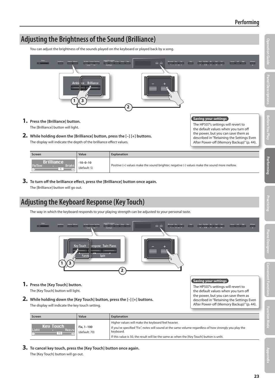 Adjusting the brightness of the sound (brilliance), Adjusting the keyboard response (key touch), Performing | Roland Digital Piano HP507 User Manual | Page 23 / 68