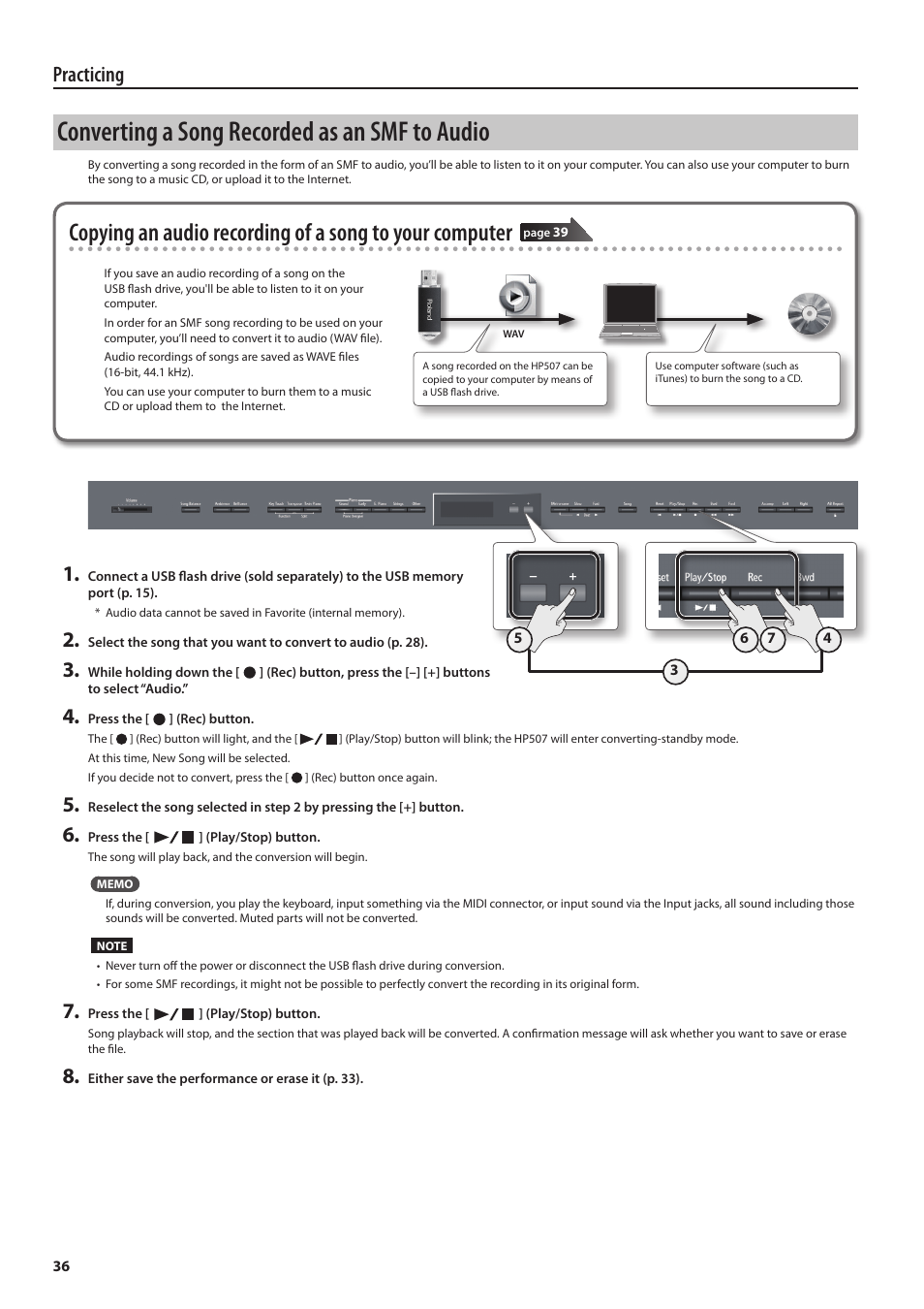 Converting a song recorded as an smf to audio, Practicing | Roland Digital Piano HP507 User Manual | Page 36 / 68