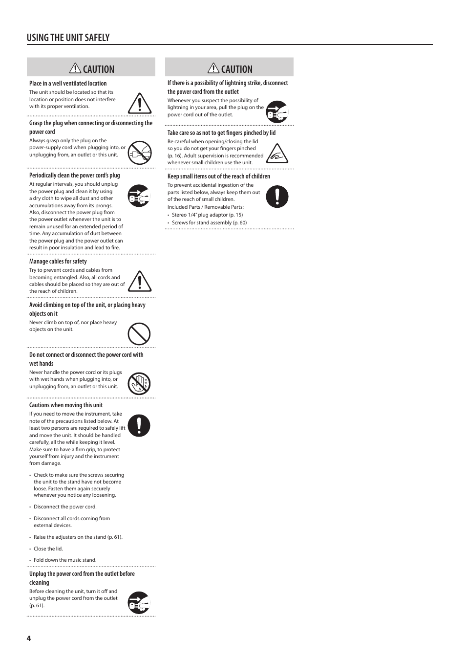 Using the unit safely caution, Caution | Roland Digital Piano HP507 User Manual | Page 4 / 68