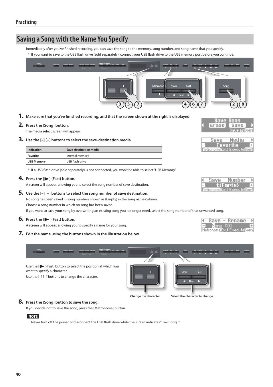 Saving a song with the name you specify, Practicing | Roland Digital Piano HP507 User Manual | Page 40 / 68