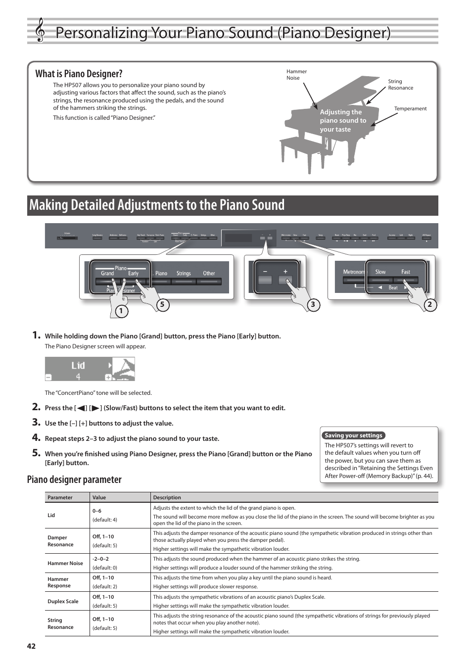 Personalizing your piano sound (piano designer), Making detailed adjustments to the piano sound, What is piano designer | Piano designer parameter | Roland Digital Piano HP507 User Manual | Page 42 / 68