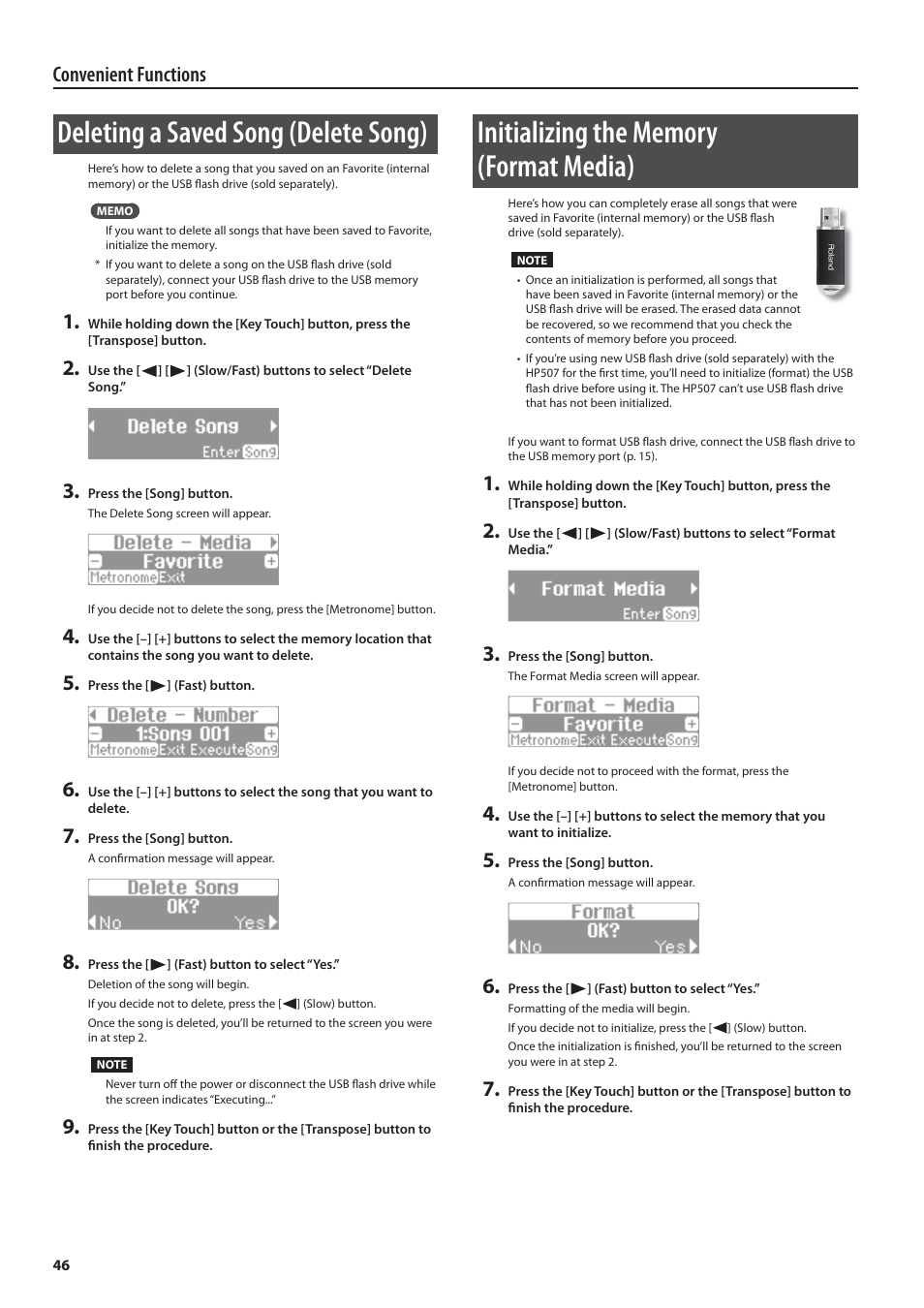 Deleting a saved song (delete song), Convenient functions | Roland Digital Piano HP507 User Manual | Page 46 / 68