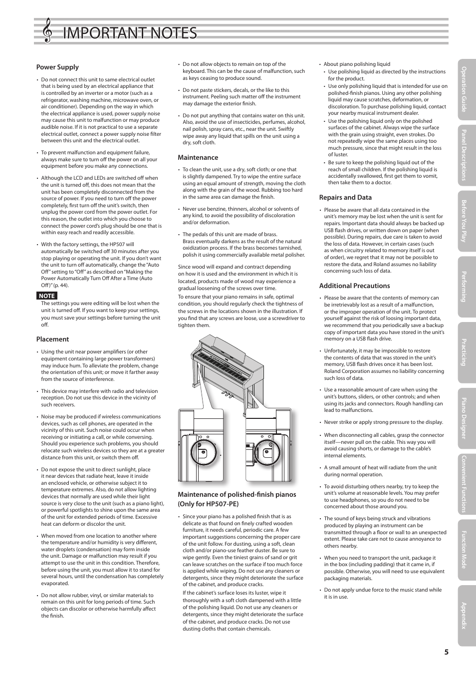 Roland Digital Piano HP507 User Manual | Page 5 / 68