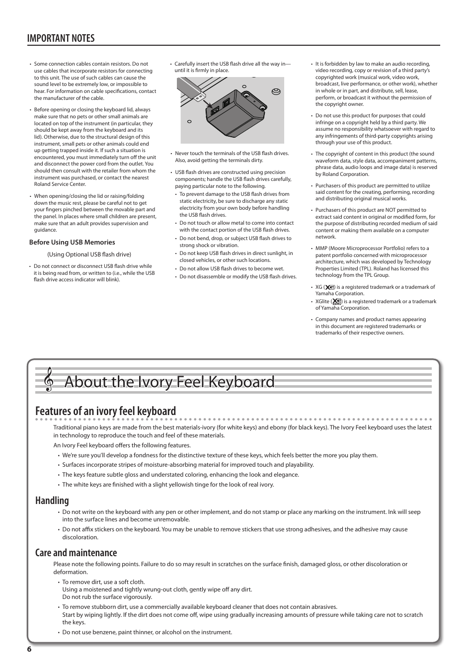 About the ivory feel keyboard, Features of an ivory feel keyboard, Handling | Care and maintenance | Roland Digital Piano HP507 User Manual | Page 6 / 68