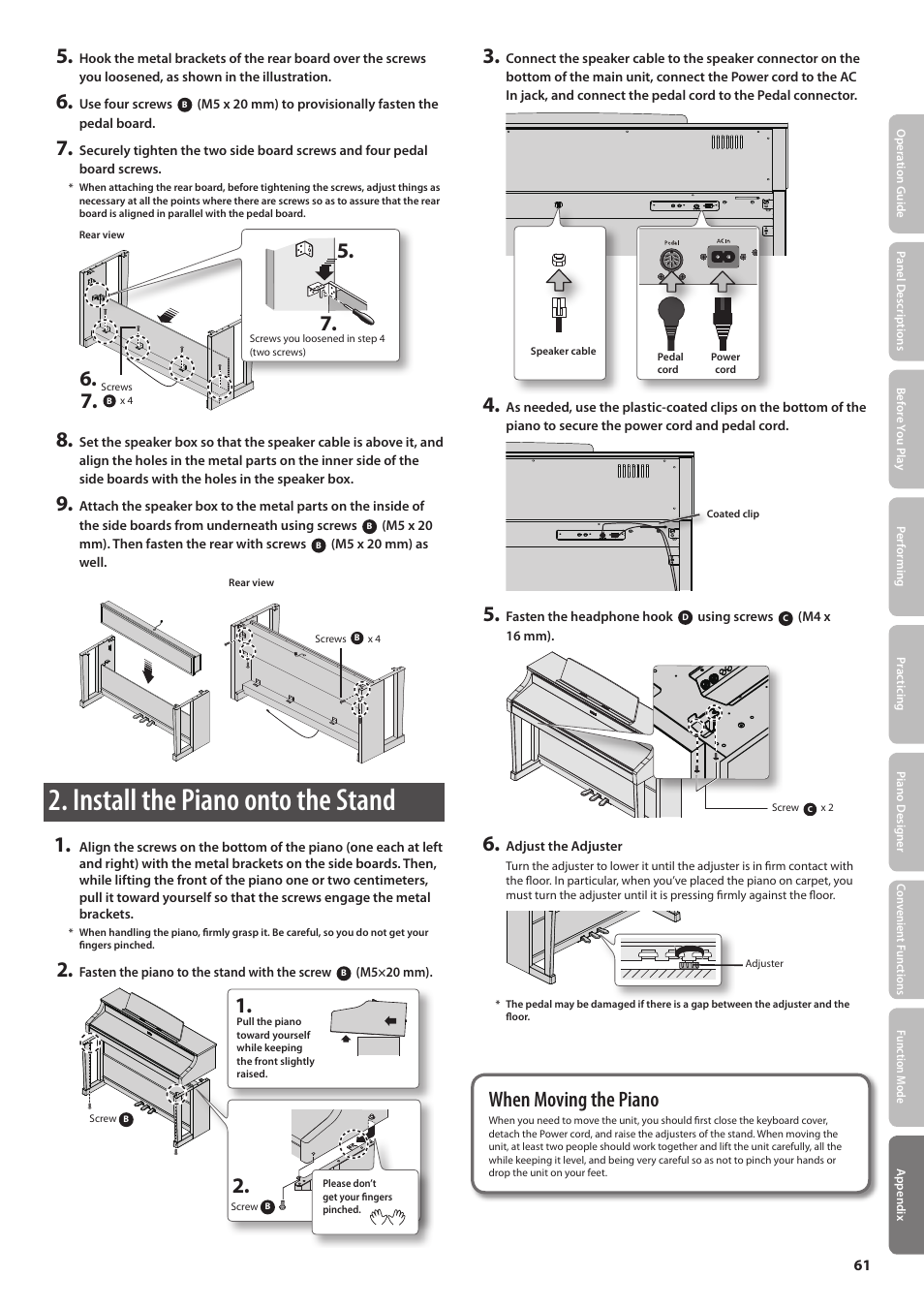 P. 61, Stand assembly, Assembly procedure | Install the piano onto the stand, Parts check, When moving the piano | Roland Digital Piano HP507 User Manual | Page 61 / 68