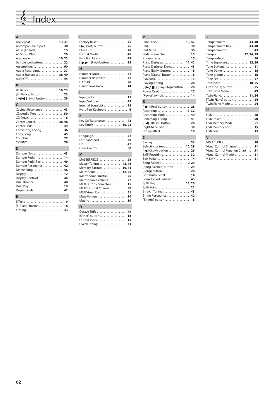 Index | Roland Digital Piano HP507 User Manual | Page 62 / 68