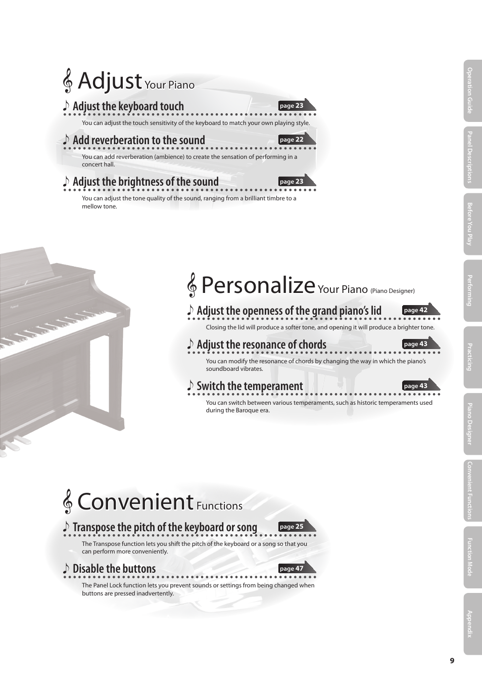Personalize, Adjust, Convenient | Adjust the openness of the grand piano’s lid, Adjust the resonance of chords, Switch the temperament, Adjust the keyboard touch, Add reverberation to the sound, Adjust the brightness of the sound, Transpose the pitch of the keyboard or song | Roland Digital Piano HP507 User Manual | Page 9 / 68