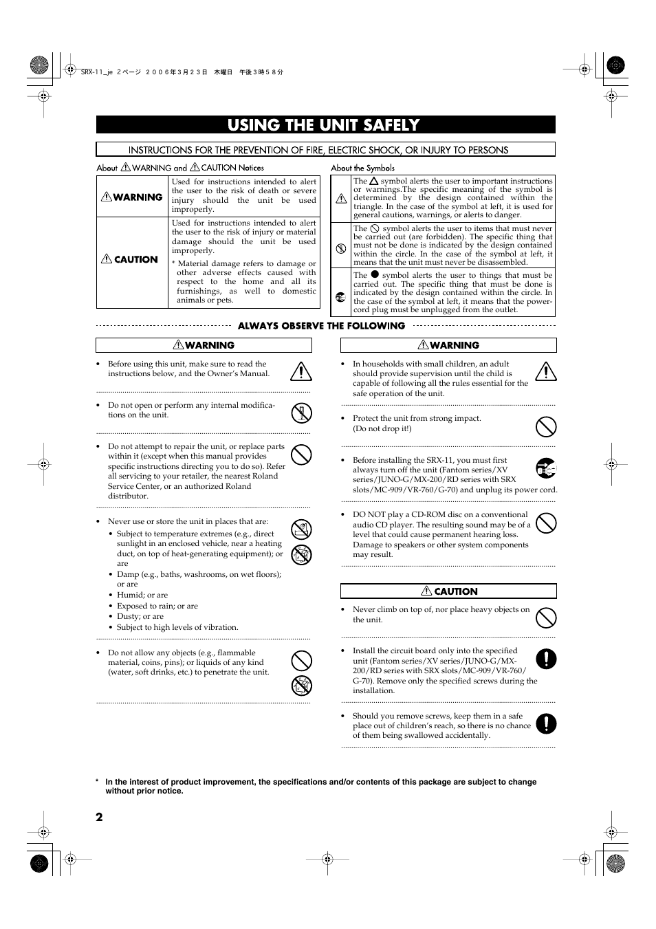 Using the unit safely | Roland SRX-11 User Manual | Page 2 / 8