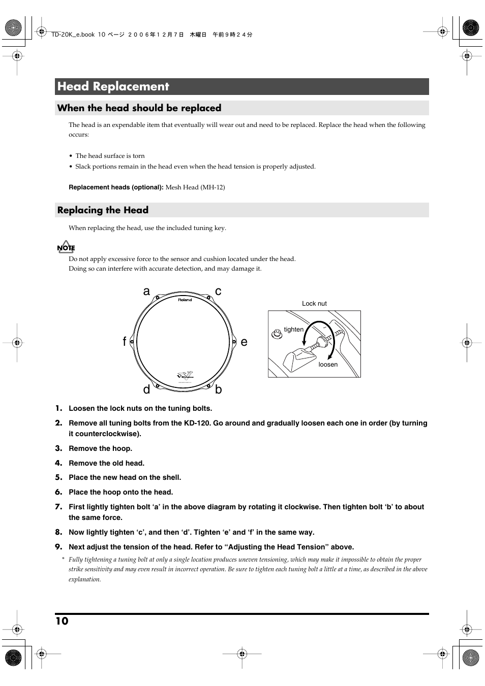 Head replacement, When the head should be replaced, Replacing the head | Roland TD-20K User Manual | Page 10 / 20