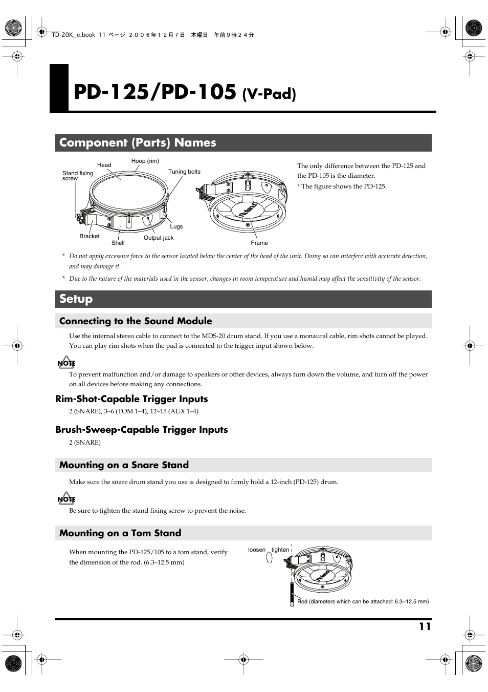 Pd-125/pd-105 (v-pad), Component (parts) names, Setup | Connecting to the sound module, Mounting on a snare stand, Mounting on a tom stand, V-pad), Component (parts) names setup | Roland TD-20K User Manual | Page 11 / 20