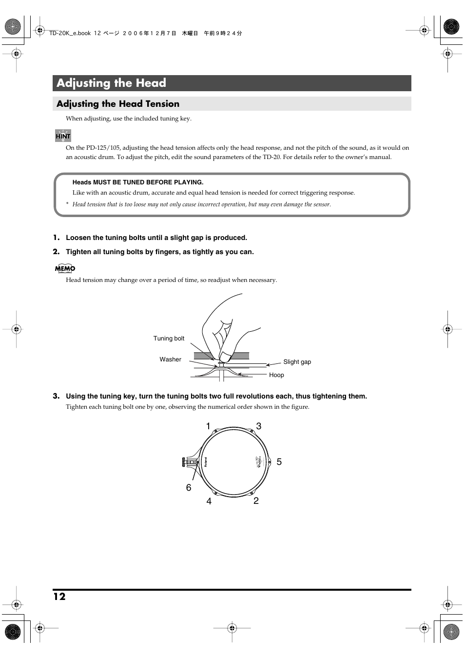 Adjusting the head, Adjusting the head tension | Roland TD-20K User Manual | Page 12 / 20