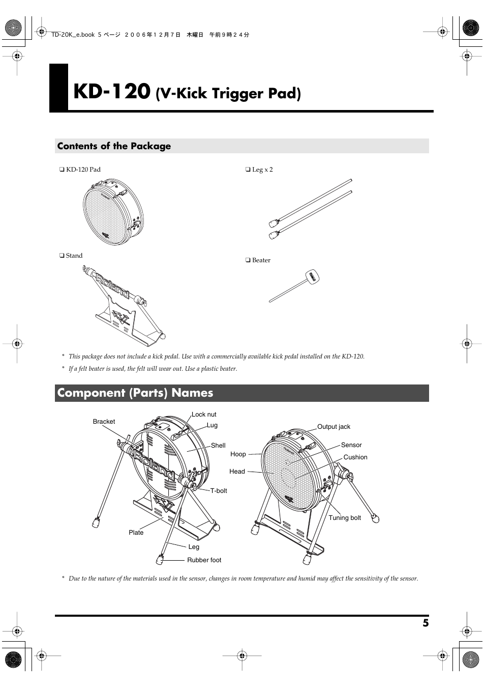 Kd-120 (v-kick trigger pad), Contents of the package, Component (parts) names | Kd-120, V-kick trigger pad) | Roland TD-20K User Manual | Page 5 / 20