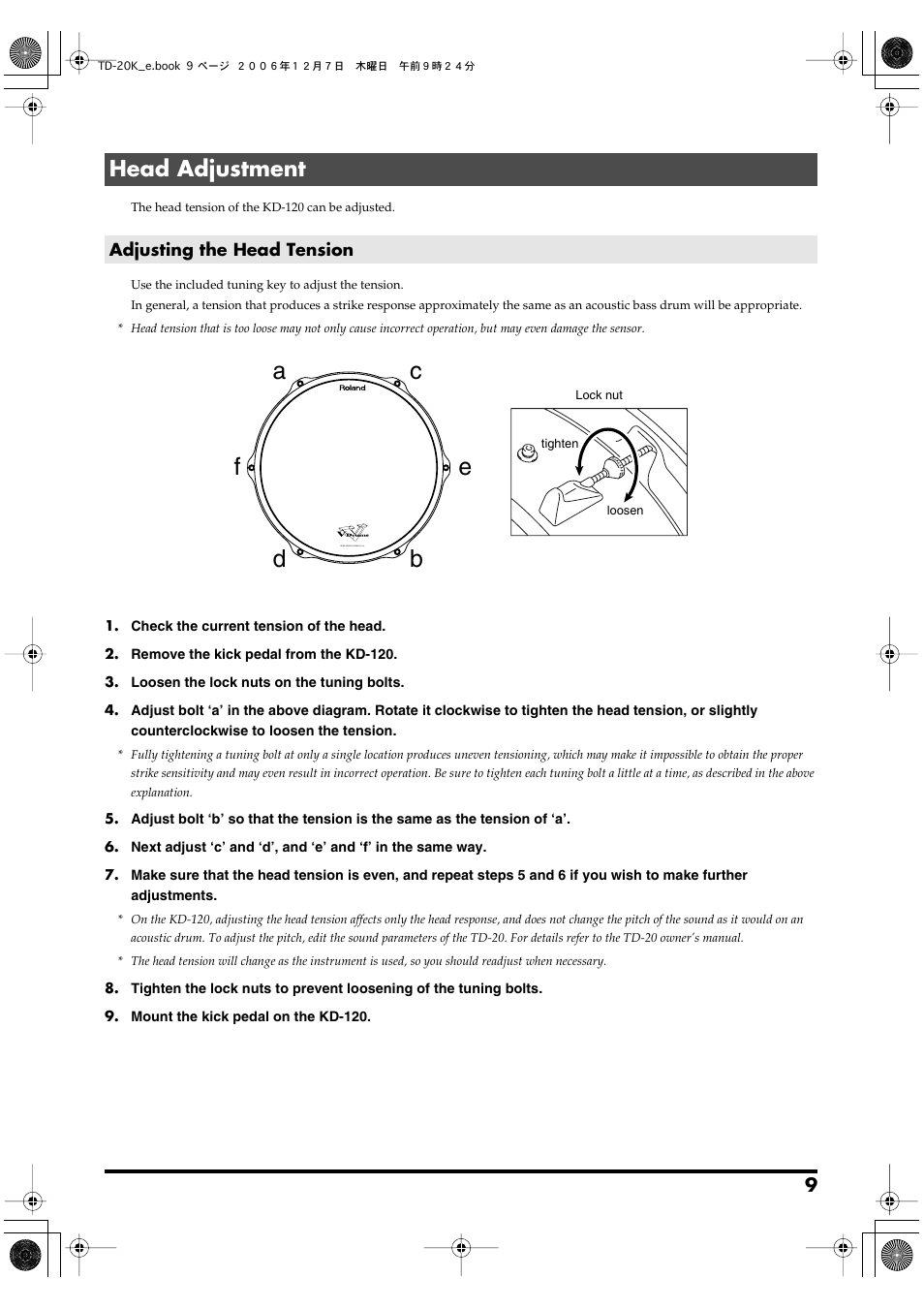 Head adjustment, Adjusting the head tension | Roland TD-20K User Manual | Page 9 / 20