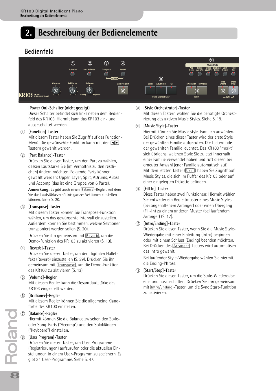 Beschreibung der bedienelemente, Bedienfeld | Roland KR103 User Manual | Page 10 / 186