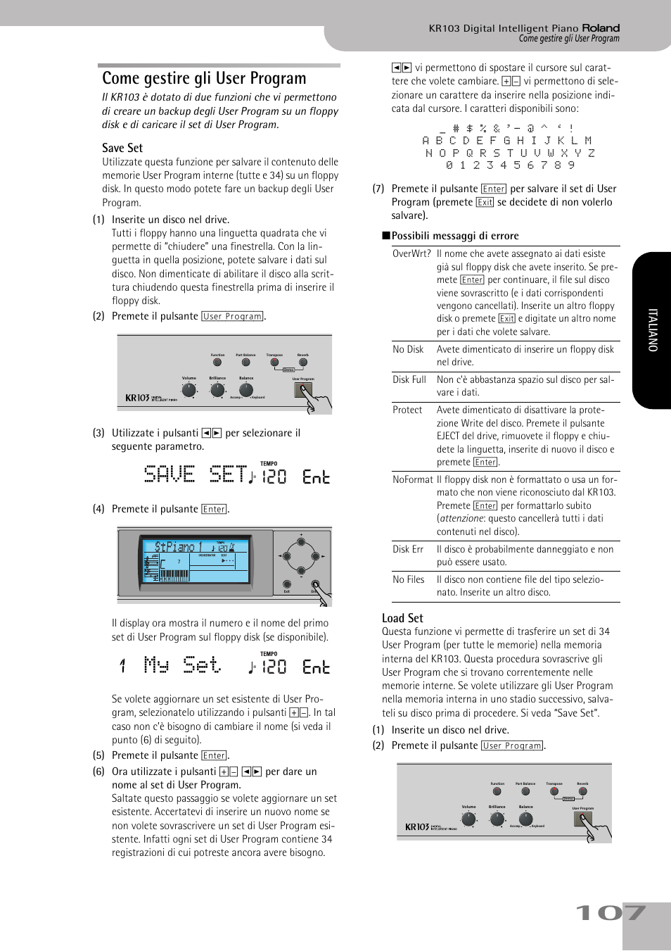 Come gestire gli user program, My set, 120 ent | Save set, Load set, Italiano | Roland KR103 User Manual | Page 109 / 186