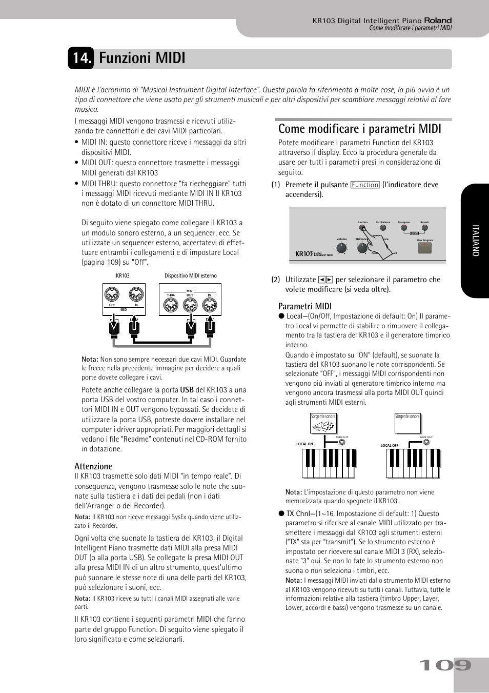 Funzioni midi, Come modificare i parametri midi, Attenzione | Parametri midi, Italiano | Roland KR103 User Manual | Page 111 / 186