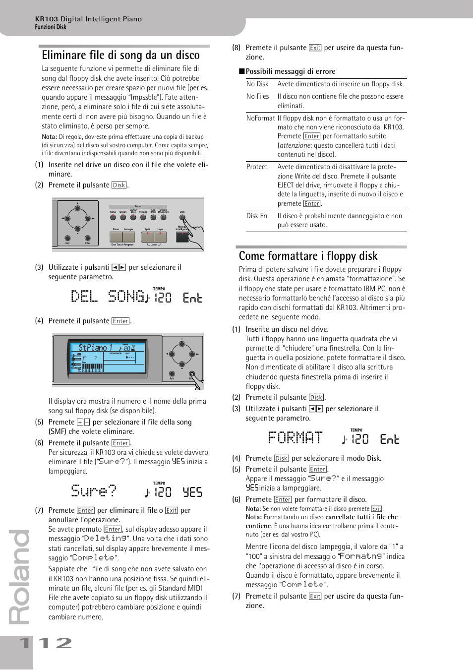 Del song, Sure, Format | Eliminare file di song da un disco, Come formattare i floppy disk, 120 ent, 120 yes | Roland KR103 User Manual | Page 114 / 186