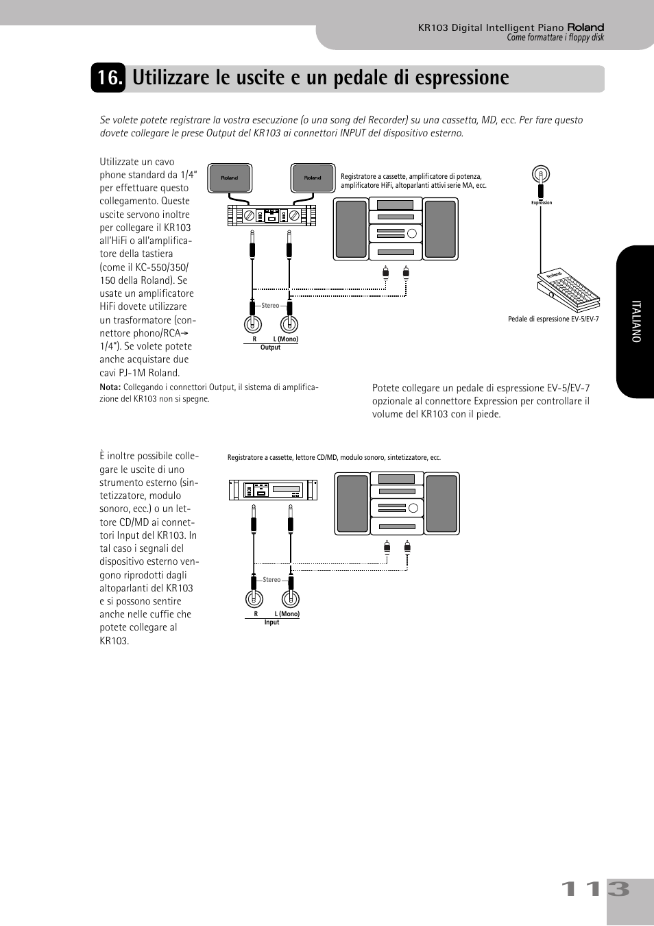 Utilizzare le uscite e un pedale di espressione | Roland KR103 User Manual | Page 115 / 186