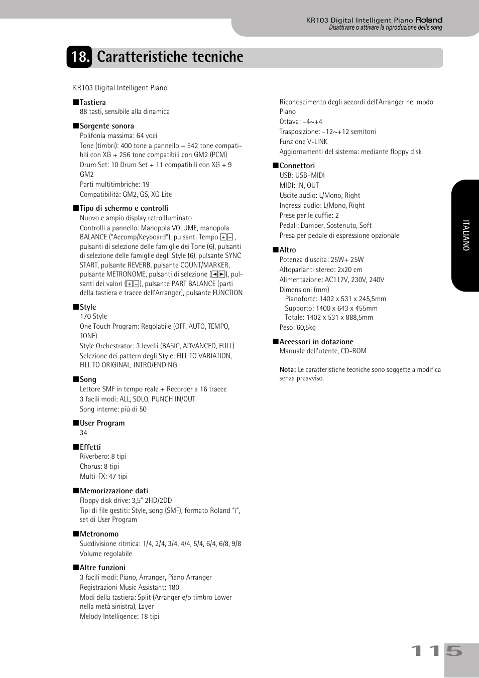Caratteristiche tecniche | Roland KR103 User Manual | Page 117 / 186
