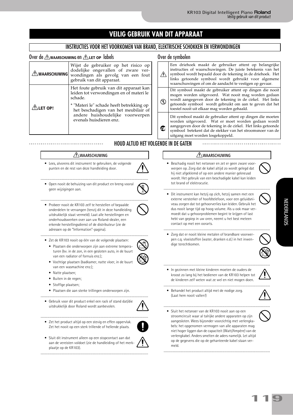 Veilig gebruik van dit apparaat | Roland KR103 User Manual | Page 121 / 186