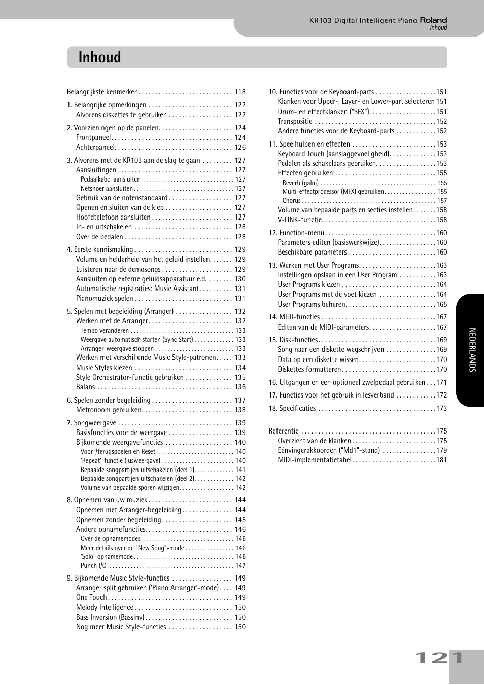 Inhoud | Roland KR103 User Manual | Page 123 / 186