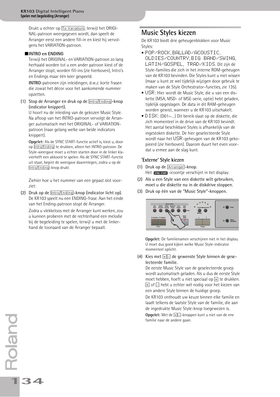 Music styles kiezen, Externe’ style kiezen | Roland KR103 User Manual | Page 136 / 186
