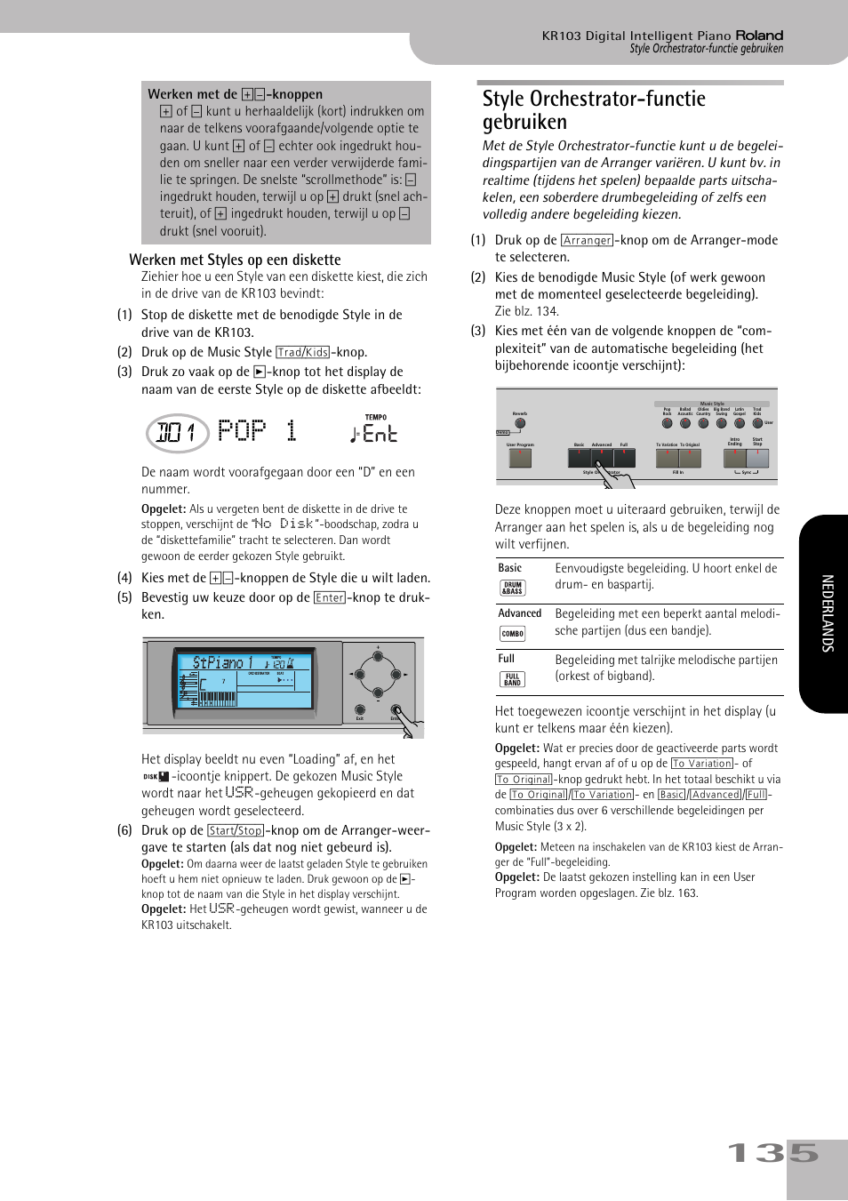 Style orchestrator-functie gebruiken, Van de gekozen music style. zie blz. 135, Pop 1 | Werken met styles op een diskette, Nederlands | Roland KR103 User Manual | Page 137 / 186
