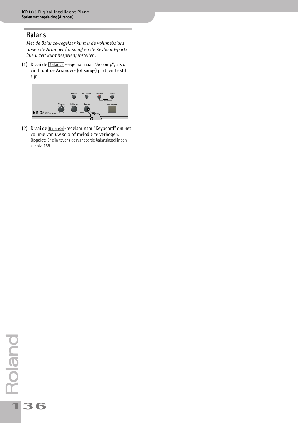 Balans, Worden getransponeerd (blz. 136) | Roland KR103 User Manual | Page 138 / 186