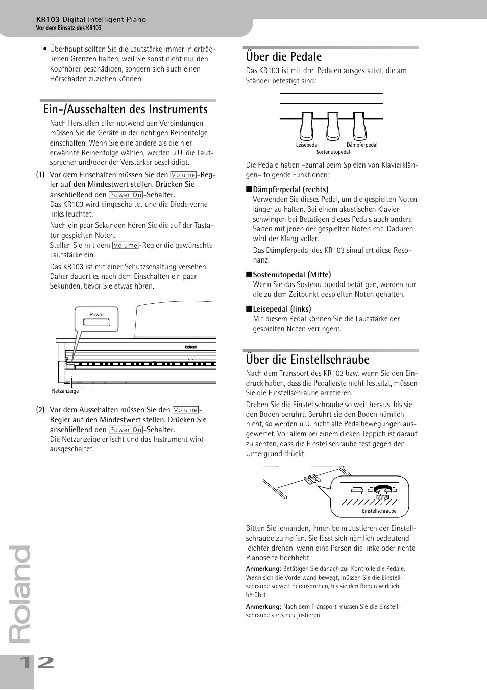 Ein-/ausschalten des instruments über die pedale, Ein-/ausschalten des instruments, Über die pedale | Über die einstellschraube | Roland KR103 User Manual | Page 14 / 186