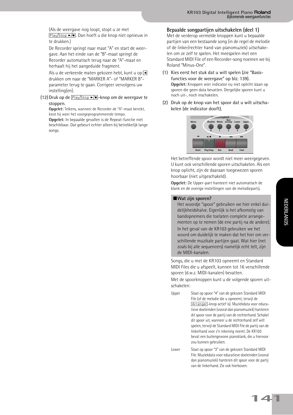 Bepaalde songpartijen uitschakelen (deel 1), Nederlands | Roland KR103 User Manual | Page 143 / 186