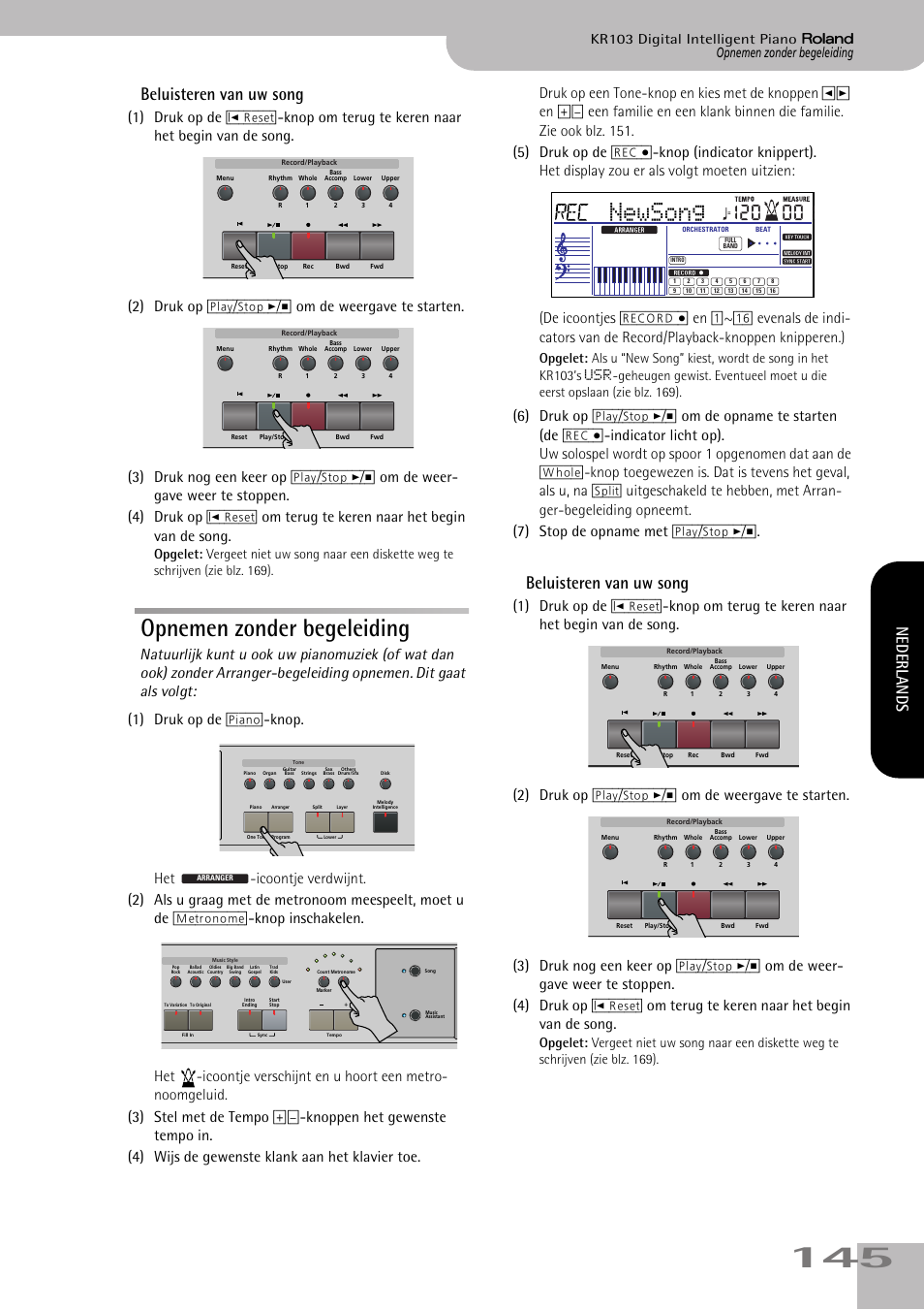 Opnemen zonder begeleiding, Newsong, Beluisteren van uw song | Nederlands | Roland KR103 User Manual | Page 147 / 186